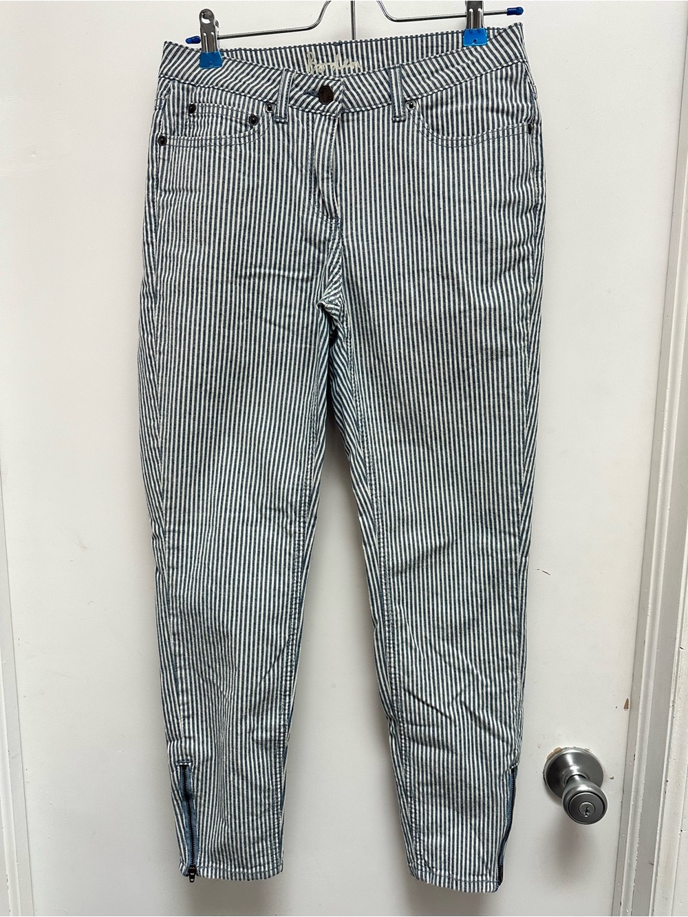 Boden Blue White Railroad Stripe Skinny Jeans Ankle Zip 6R